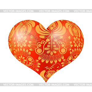 Red three-dimensional heart with floral gold - vector clip art