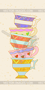 Set of cups in background retro tea. Tribal style - stock vector clipart