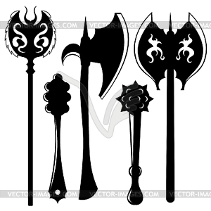 Set of silhouettes of weapons. Axes and maces. - vector clipart / vector image