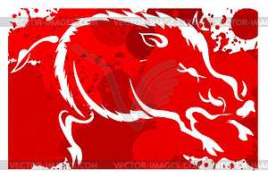 Red background with white silhouette of wild boar. - vector clip art