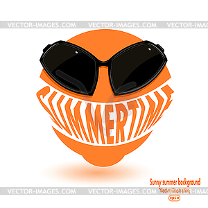 Orange sun sign in sunglasses. Summer background. - vector image