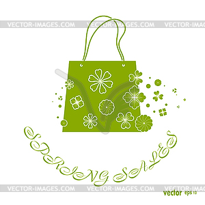 Abstract green shopping bag lady with flowers on - vector image