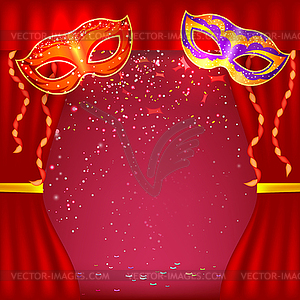 Red background with theater stage and masks. - vector image