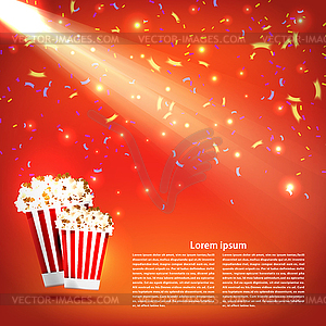 Banner cinema with popcorn and spotlight on red - vector clipart