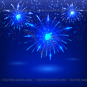 Celebratory fireworks on blue background. Card. - vector clip art