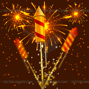 Bright festival crackers on fireworks background. - vector image