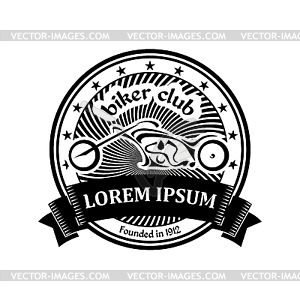 Black badge with motorcycle, rays and ribbon. - vector clip art