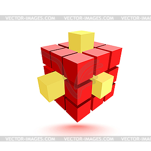 Abstract red cube with yellow elements. Business - vector image