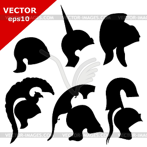 Set of silhouettes of ancient helmets - vector image