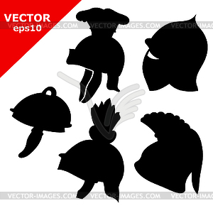 Set of black antique military helmets - vector image