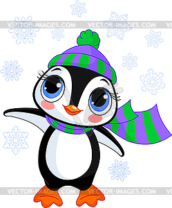 Cute winter penguin with hat and scarf - vector clipart