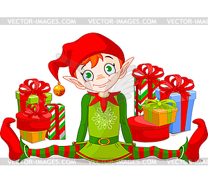 Christmas Elf with gifts - vector image