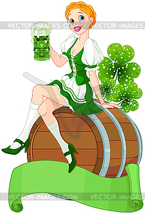 St. Patrick Day girl on keg - vector image