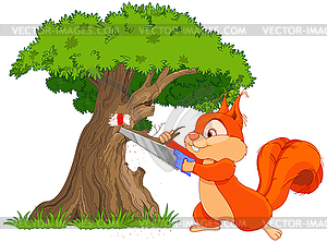 Funny squirrel saws tree branch - vector image