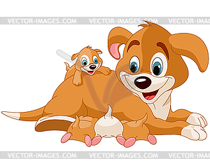 Mother dog nursing cute puppies - vector clip art