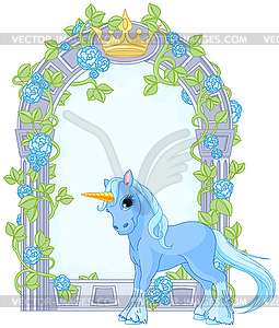 Unicorn close to flower frame - vector clipart