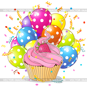 Birthday Cupcake with Balloons - vector image