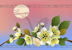 Evening in the garden blooming cherry and birds sing - color vector clipart