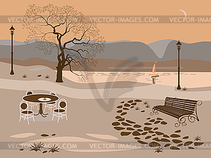 Coffee .Evening in the park near the lake . - vector image