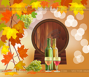 Banner with a barrel of wine in bottles and glasses - royalty-free vector image