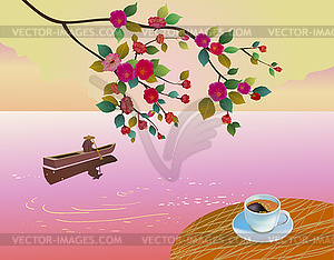 Banner cup of coffee in the morning in spring - vector clipart