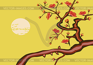 Sakura .Evening in the garden blooming cherry and birds - vector image