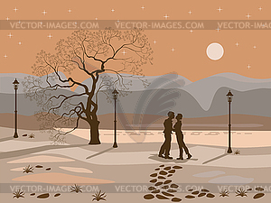 Kissing couple in the park at night - vector image