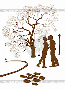 Kissing couple in the park . Vector  - vector image