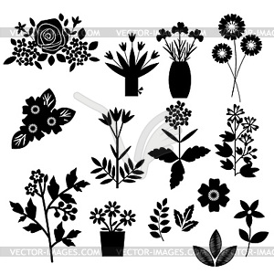 Flowers set - white & black vector clipart