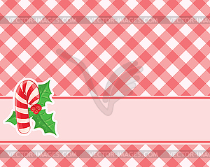 Checkered red background with candy canes and mistletoe - vector image