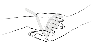 Man`s hand holding child`s palm. drawing - vector clip art