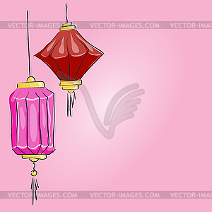 Drawing. Two Chinese lantern on pink background - vector image