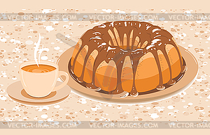 Cake with glaze and cup of hot drink - vector clipart