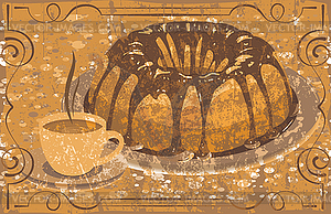 Cake with glaze and cup of hot drink. grunge - vector image