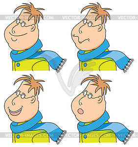 Cartoon man with scarf and coat. emotions. set - vector image