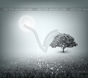 Summer, Field, Sky, Tree, Grass, Moon, Evening - vector image