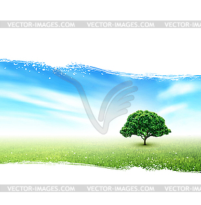 Summer, Field, Sky, Tree, Grass, Flowers - vector image