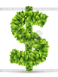 Dollar sign, alphabet of green leaves - vector clipart