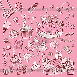 Set pink birthday party - vector clipart