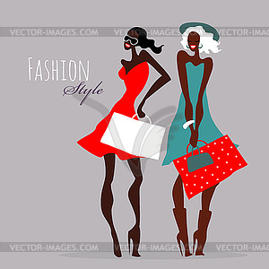 Fashion girls. Women with shopping bags - royalty-free vector clipart