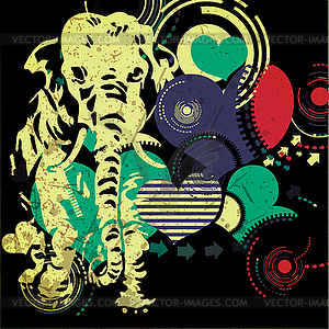 Retro elephant with hearts- grunge background - vector image