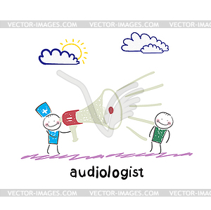 Otolaryngologist yells into megaphone on patient - vector clip art