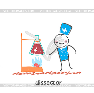 Is standing next to flasks - vector image