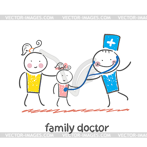 Family doctor treats her mother with child - vector image
