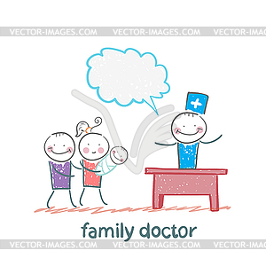 Family doctor treats mother, father and child - royalty-free vector image