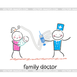 Family doctor treats her mother with child - vector clip art