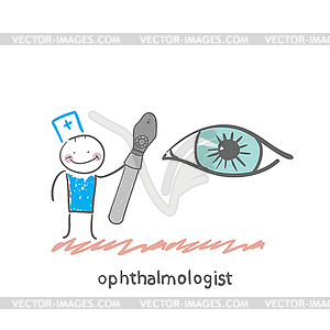 Ophthalmologist with tool to test eye - vector clip art