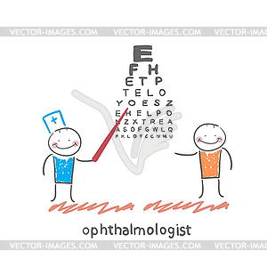 Ophthalmologist checks sight of patient with test - vector image