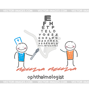 Ophthalmologist checks sight of patient with test - vector clipart