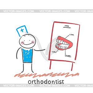 Orthodontist tells presentation about teeth - vector clipart